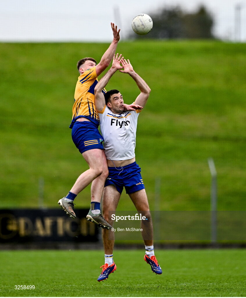 12 October 2025; Cian O'Brien of Ratoath and Adam McDonnell of Summerhill contest a high-ball during the Meath County Senior Club Football Championship final match between Ratoath and Summerhill at Páirc Tailteann in Navan, Meath. Photo by Ben McShane/Sportsfile