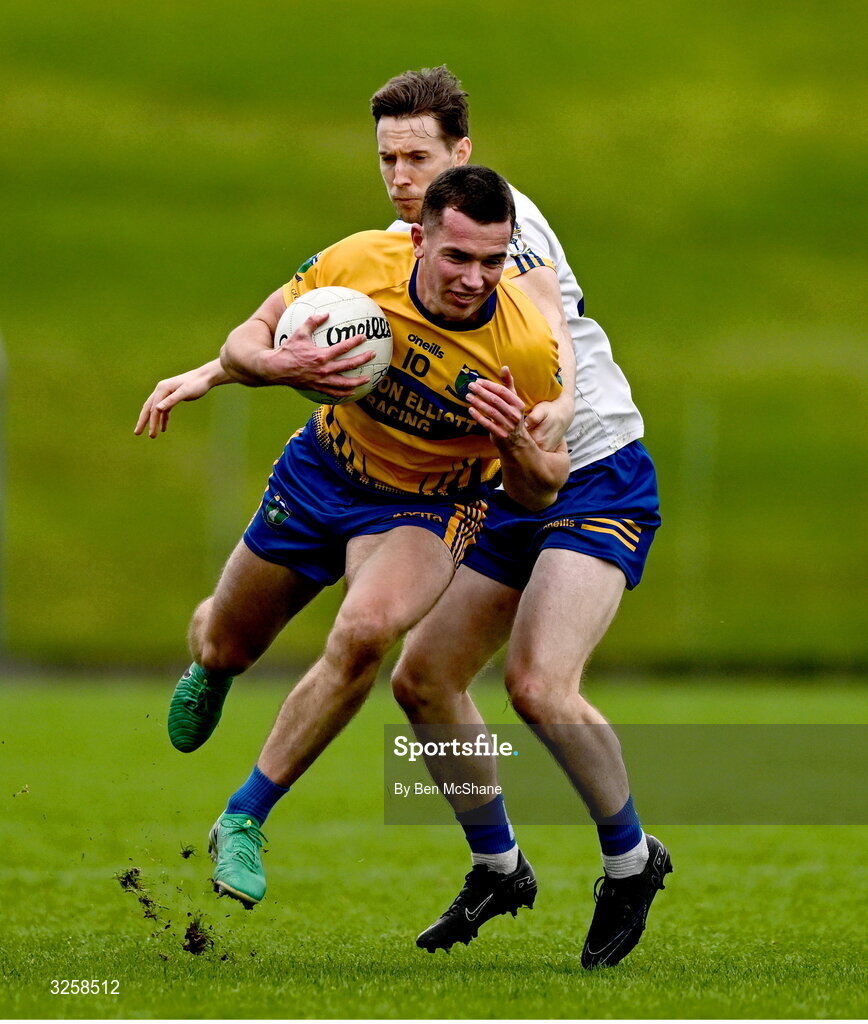 12 October 2025; Diarmuid McCabe of Summerhill is tackled by Bryan McMahon of Ratoath during the Meath County Senior Club Football Championship final match between Ratoath and Summerhill at Páirc Tailteann in Navan, Meath. Photo by Ben McShane/Sportsfile