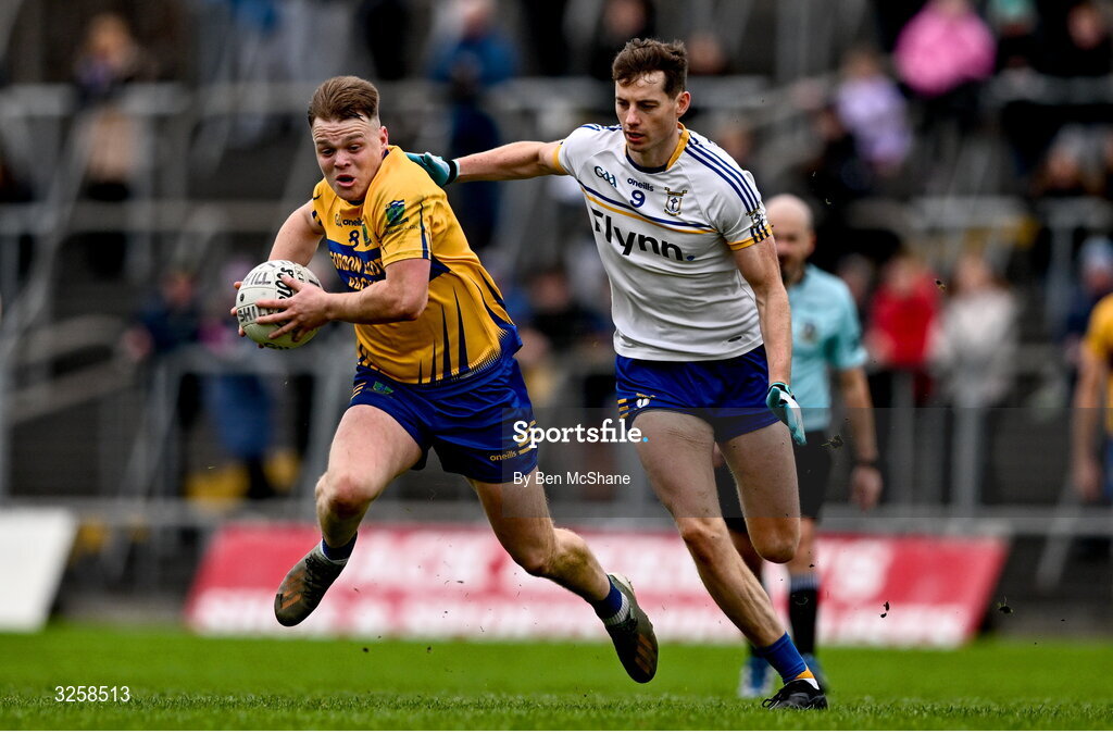 12 October 2025; Adam McDonnell of Summerhill is tackled by Ben McGowan of Ratoath during the Meath County Senior Club Football Championship final match between Ratoath and Summerhill at Páirc Tailteann in Navan, Meath. Photo by Ben McShane/Sportsfile
