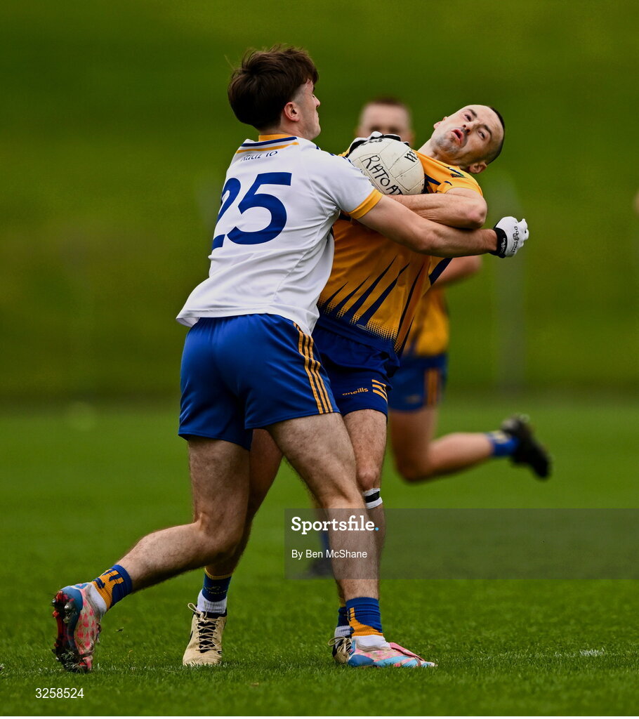 12 October 2025; Conor Lyons of Summerhill is tackled by Ronan Byrne of Ratoath during the Meath County Senior Club Football Championship final match between Ratoath and Summerhill at Páirc Tailteann in Navan, Meath. Photo by Ben McShane/Sportsfile