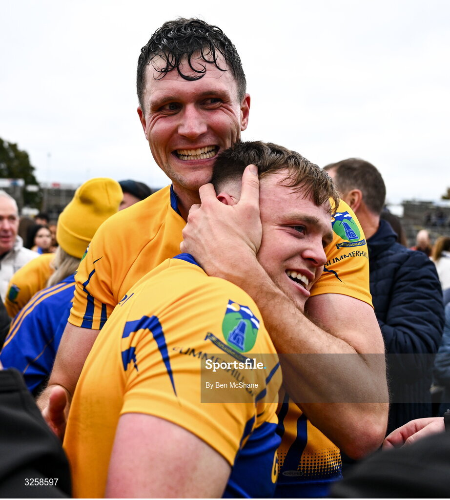 12 October 2025; Adam Flanagan, top, and Adam McDonnell of Summerhill celebrate after the Meath County Senior Club Football Championship final match between Ratoath and Summerhill at Páirc Tailteann in Navan, Meath. Photo by Ben McShane/Sportsfile