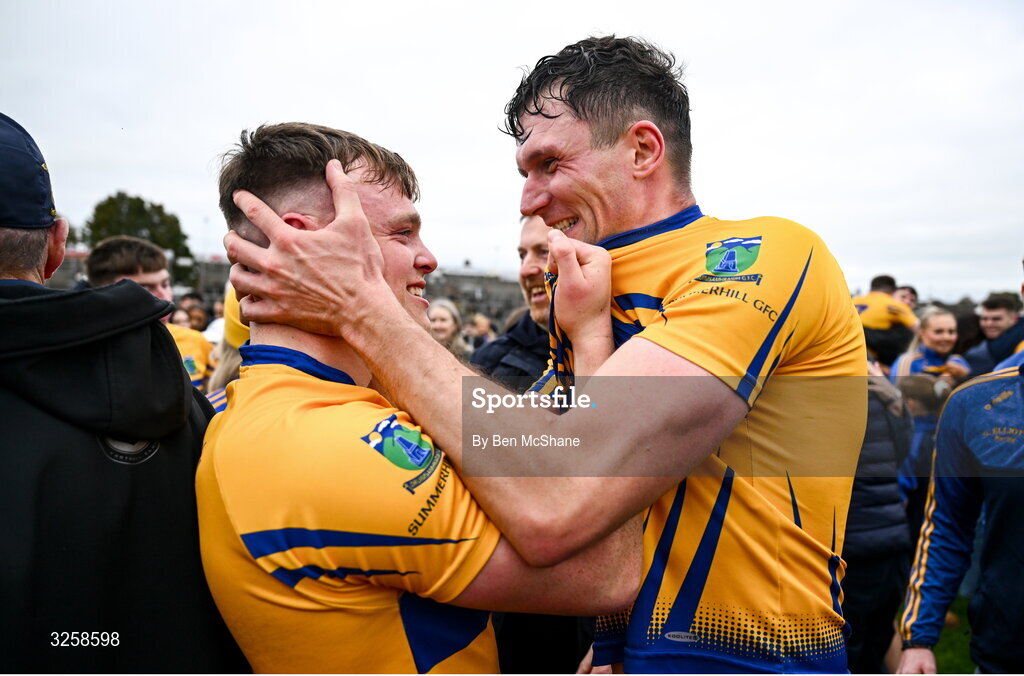 12 October 2025; Adam Flanagan, right, and Adam McDonnell of Summerhill celebrate after the Meath County Senior Club Football Championship final match between Ratoath and Summerhill at Páirc Tailteann in Navan, Meath. Photo by Ben McShane/Sportsfile