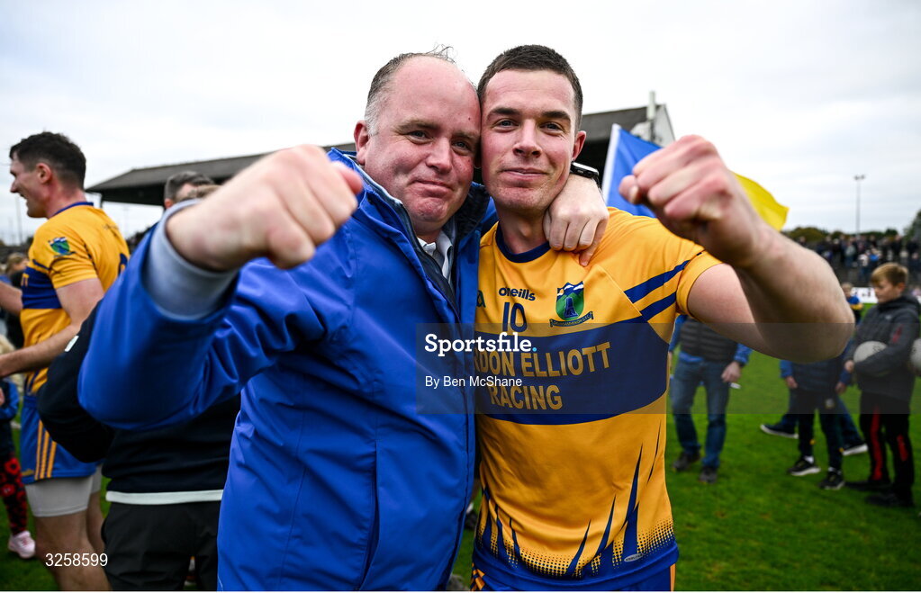 12 October 2025; Diarmuid McCabe of Summerhill celebrates with Summerhill supporter Brendan Gaynor after the Meath County Senior Club Football Championship final match between Ratoath and Summerhill at Páirc Tailteann in Navan, Meath. Photo by Ben McShane/Sportsfile