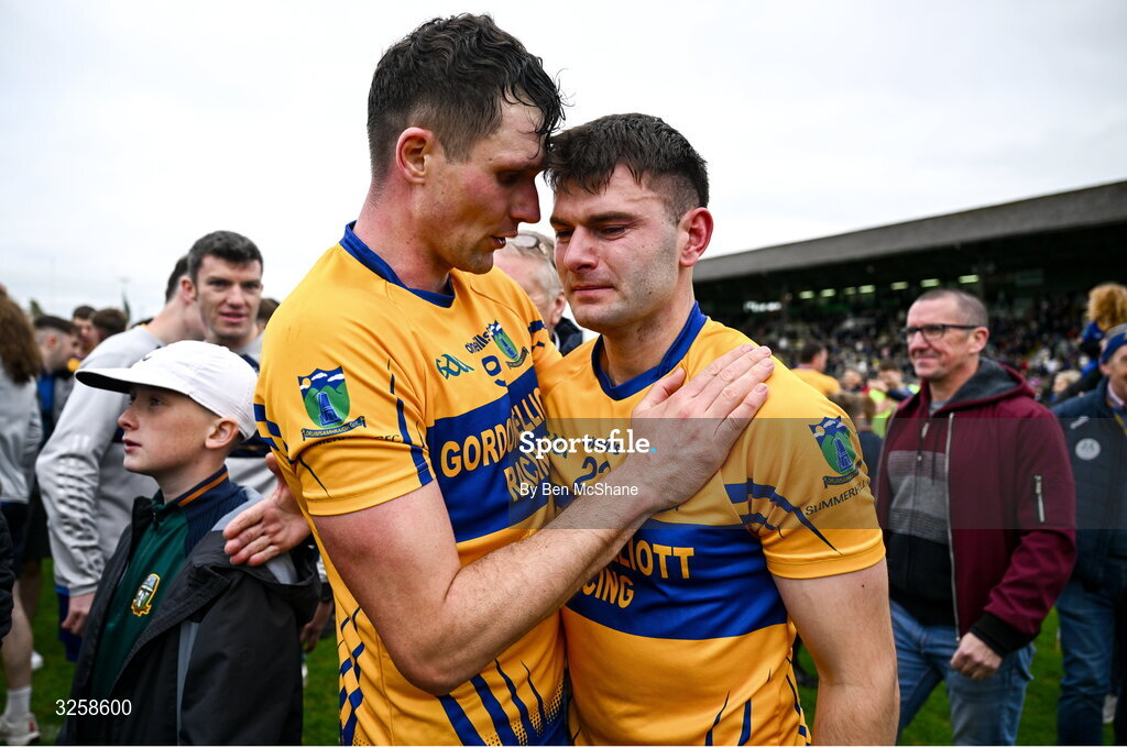 12 October 2025; An emotional John Keane, right, is consoled by Summerhill teammate Adam Flanagan after their side's victory in the Meath County Senior Club Football Championship final match between Ratoath and Summerhill at Páirc Tailteann in Navan, Meath. Photo by Ben McShane/Sportsfile