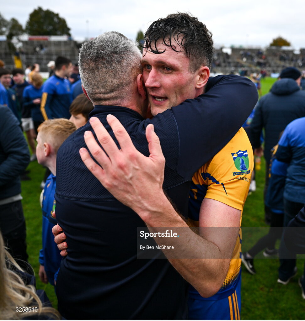 12 October 2025; Summerhill manager Dave Clare, left, and Adam Flanagan of Summerhill celebrate after the Meath County Senior Club Football Championship final match between Ratoath and Summerhill at Páirc Tailteann in Navan, Meath. Photo by Ben McShane/Sportsfile