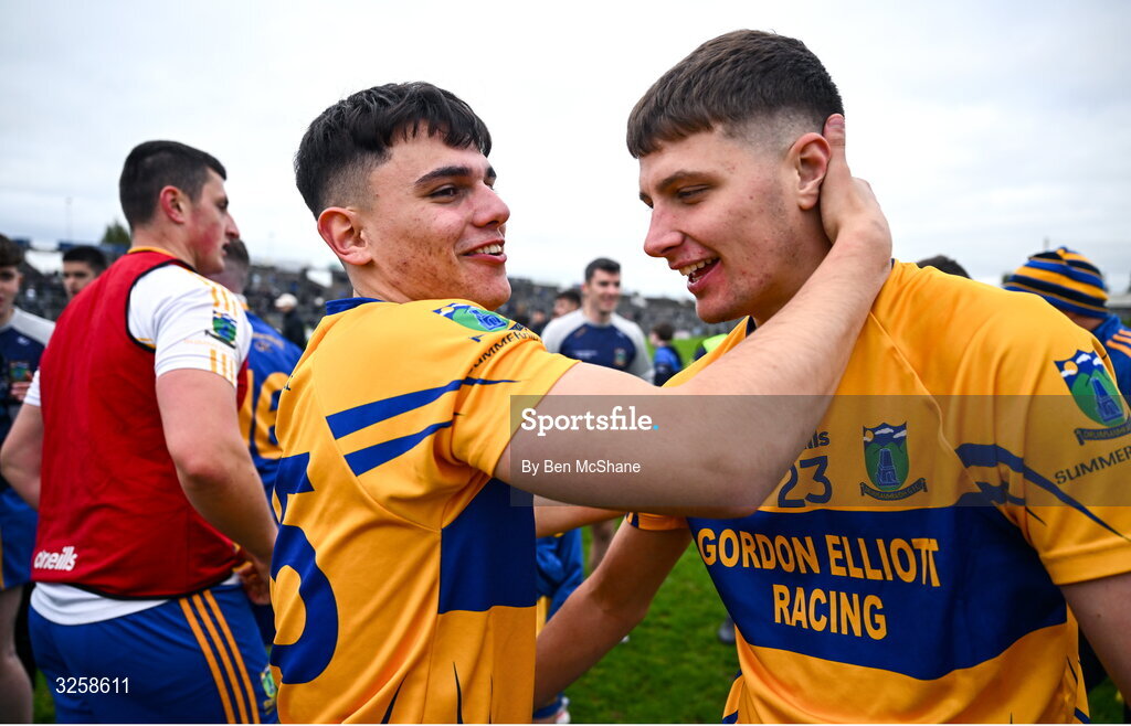 12 October 2025; Manny Magno, left, and Conor Ryan of Summerhill celebrate after the Meath County Senior Club Football Championship final match between Ratoath and Summerhill at Páirc Tailteann in Navan, Meath. Photo by Ben McShane/Sportsfile