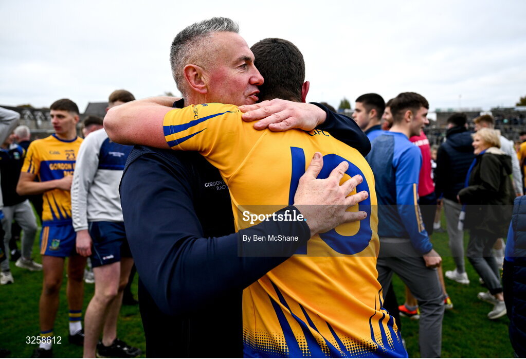 12 October 2025; Summerhill manager Dave Clare, left, and Diarmuid McCabe of Summerhill celebrate after the Meath County Senior Club Football Championship final match between Ratoath and Summerhill at Páirc Tailteann in Navan, Meath. Photo by Ben McShane/Sportsfile