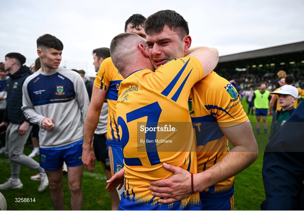12 October 2025; John Keane, right, and Mark Donoghue of Summerhill celebrate after the Meath County Senior Club Football Championship final match between Ratoath and Summerhill at Páirc Tailteann in Navan, Meath. Photo by Ben McShane/Sportsfile
