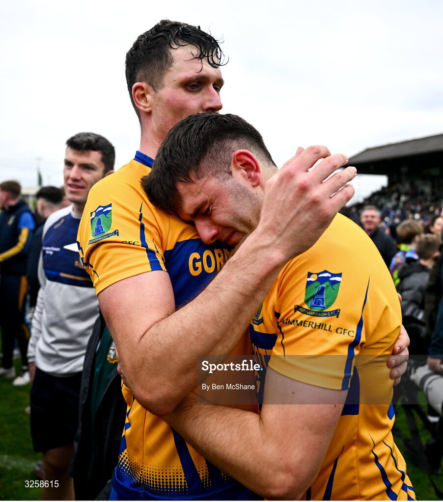 12 October 2025; An emotional John Keane, right, is consoled by Summerhill teammate Adam Flanagan after their side's victory in the Meath County Senior Club Football Championship final match between Ratoath and Summerhill at Páirc Tailteann in Navan, Meath. Photo by Ben McShane/Sportsfile