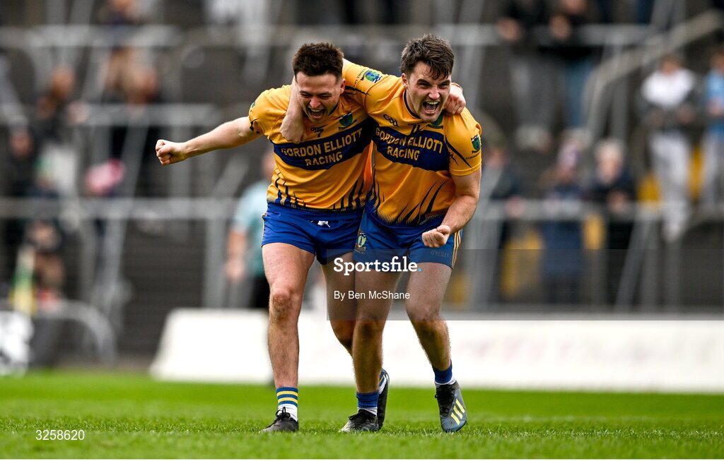12 October 2025; Kevin Ryan, right, and Jamie O'Shea of Summerhill celebrate at the final whistle of the Meath County Senior Club Football Championship final match between Ratoath and Summerhill at Páirc Tailteann in Navan, Meath. Photo by Ben McShane/Sportsfile