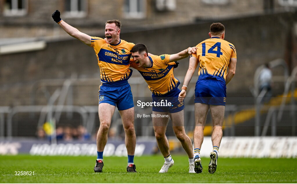 12 October 2025; Summerhill players, from left, Barry Tardis, Conor Frayne and Eóghan Frayne celebrat at the final whistle of the Meath County Senior Club Football Championship final match between Ratoath and Summerhill at Páirc Tailteann in Navan, Meath. Photo by Ben McShane/Sportsfile