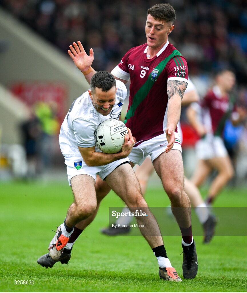 12 October 2025; Niall Donoher of Courtwood in action against Sean Byrne of Portarlington during the Laois County Senior Club Football Championship final match between Courtwood and Portarlington at Laois Hire O'Moore Park in Portlaoise, Laois. Photo by Brendan Moran/Sportsfile