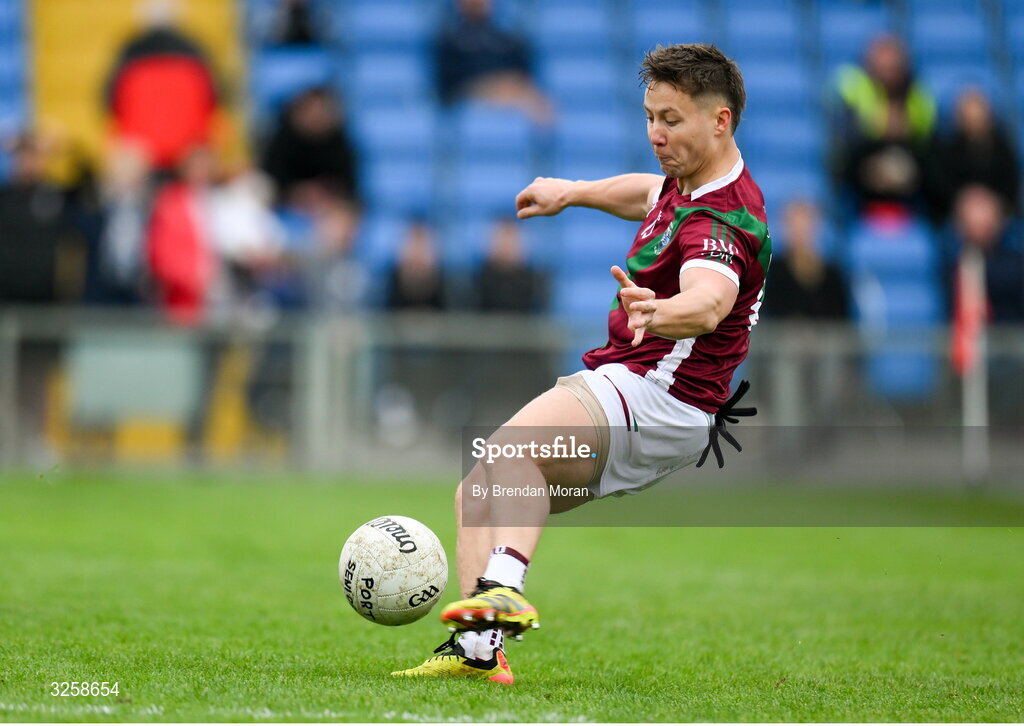 12 October 2025; Colm Murphy of Portarlington scores his side's first goal during the Laois County Senior Club Football Championship final match between Courtwood and Portarlington at Laois Hire O'Moore Park in Portlaoise, Laois. Photo by Brendan Moran/Sportsfile