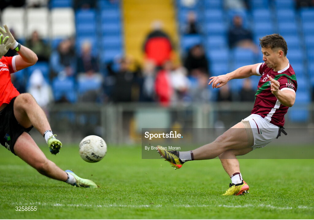 12 October 2025; Colm Murphy of Portarlington scores his side's first goal during the Laois County Senior Club Football Championship final match between Courtwood and Portarlington at Laois Hire O'Moore Park in Portlaoise, Laois. Photo by Brendan Moran/Sportsfile