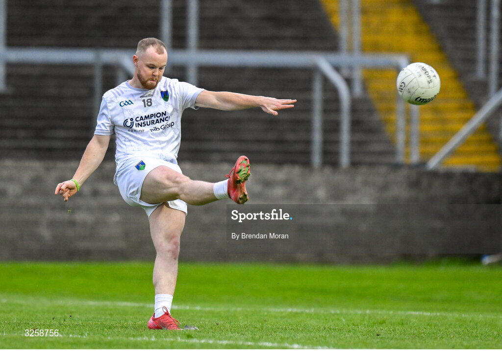 12 October 2025; Dylan Keane of Courtwood kicks a point to level the game in injury time and send the game to a replay during the Laois County Senior Club Football Championship final match between Courtwood and Portarlington at Laois Hire O'Moore Park in Portlaoise, Laois. Photo by Brendan Moran/Sportsfile