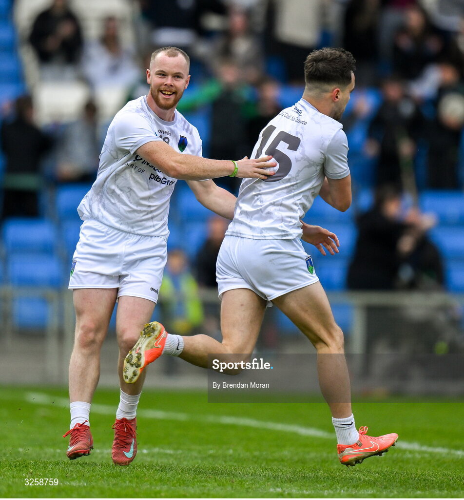 12 October 2025; Dylan Keane of Courtwood, left, celebrates with teammate Alan Kinsella after Kinsella scored their side's second goal during the Laois County Senior Club Football Championship final match between Courtwood and Portarlington at Laois Hire O'Moore Park in Portlaoise, Laois. Photo by Brendan Moran/Sportsfile