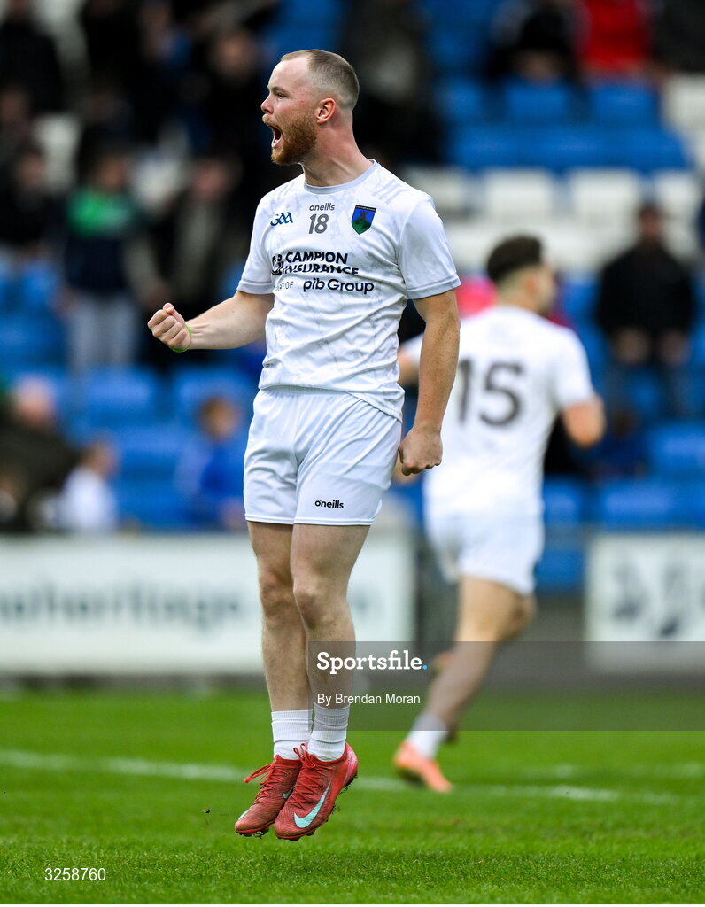 12 October 2025; Dylan Keane of Courtwood celebrates after teammate Alan Kinsella, 15, scored their side's second goal during the Laois County Senior Club Football Championship final match between Courtwood and Portarlington at Laois Hire O'Moore Park in Portlaoise, Laois. Photo by Brendan Moran/Sportsfile