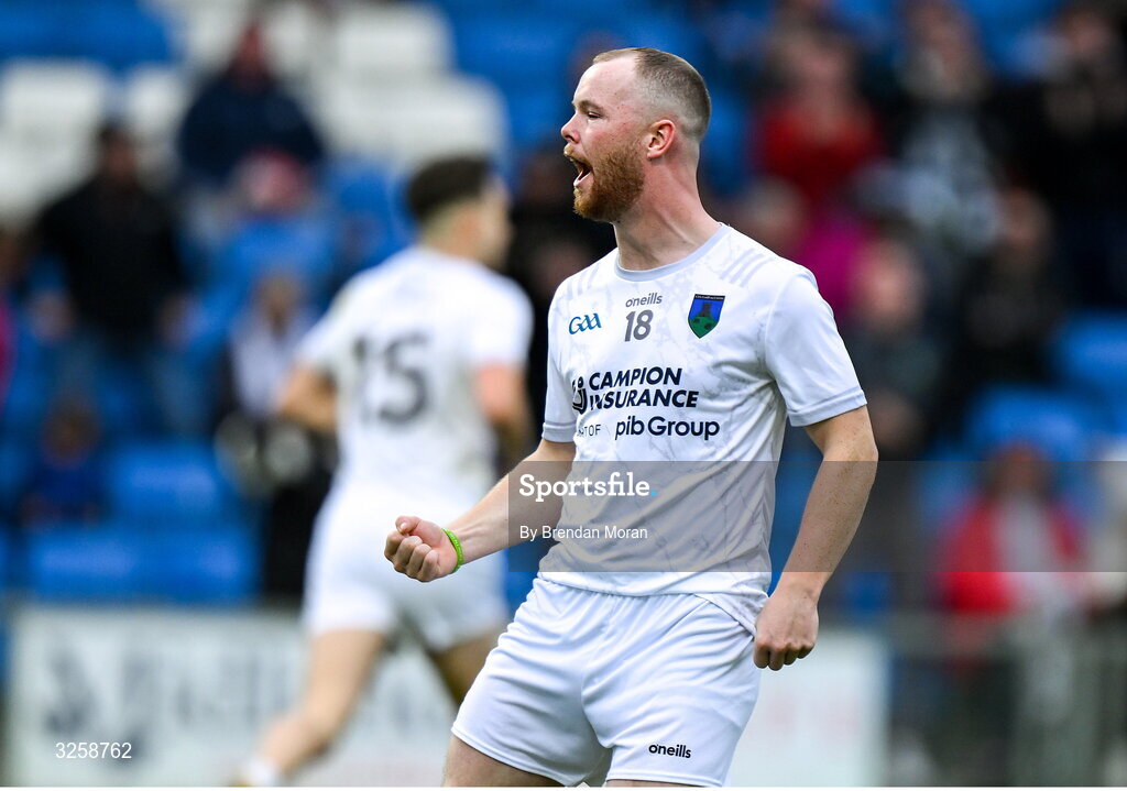 12 October 2025; Dylan Keane of Courtwood celebrates after teammate Alan Kinsella, 15, scored their side's second goal during the Laois County Senior Club Football Championship final match between Courtwood and Portarlington at Laois Hire O'Moore Park in Portlaoise, Laois. Photo by Brendan Moran/Sportsfile
