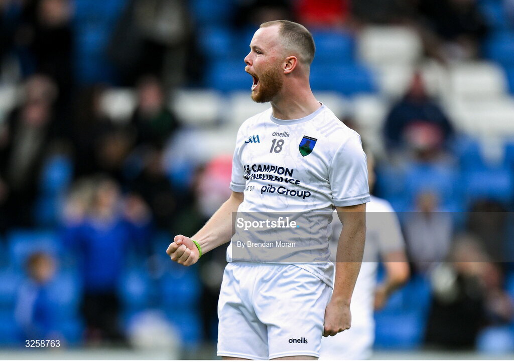 12 October 2025; Dylan Keane of Courtwood celebrates after teammate Alan Kinsella, not pictured, scored their side's second goal during the Laois County Senior Club Football Championship final match between Courtwood and Portarlington at Laois Hire O'Moore Park in Portlaoise, Laois. Photo by Brendan Moran/Sportsfile