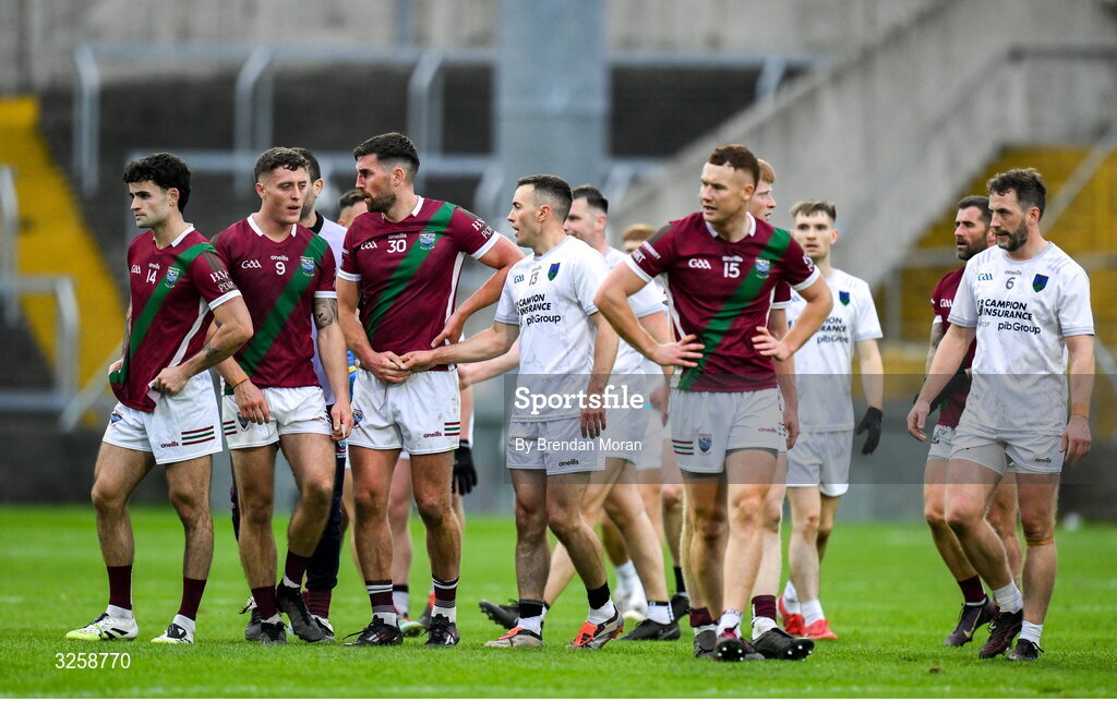 12 October 2025; Players from both sides shake hands after the Laois County Senior Club Football Championship final match between Courtwood and Portarlington at Laois Hire O'Moore Park in Portlaoise, Laois. Photo by Brendan Moran/Sportsfile