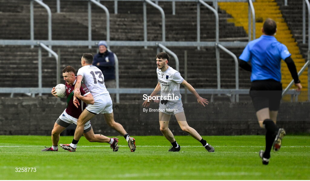 12 October 2025; Jake Foster of Portarlington tangles with Niall Donoher of Courtwood during injury time in the Laois County Senior Club Football Championship final match between Courtwood and Portarlington at Laois Hire O'Moore Park in Portlaoise, Laois. Photo by Brendan Moran/Sportsfile
