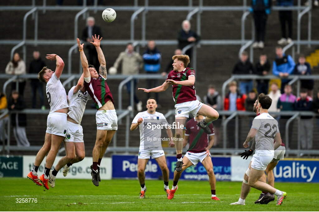12 October 2025; Robert Tyrrell of Courtwood, left, and Sean Byrne of Portarlington contest a kickout during the Laois County Senior Club Football Championship final match between Courtwood and Portarlington at Laois Hire O'Moore Park in Portlaoise, Laois. Photo by Brendan Moran/Sportsfile