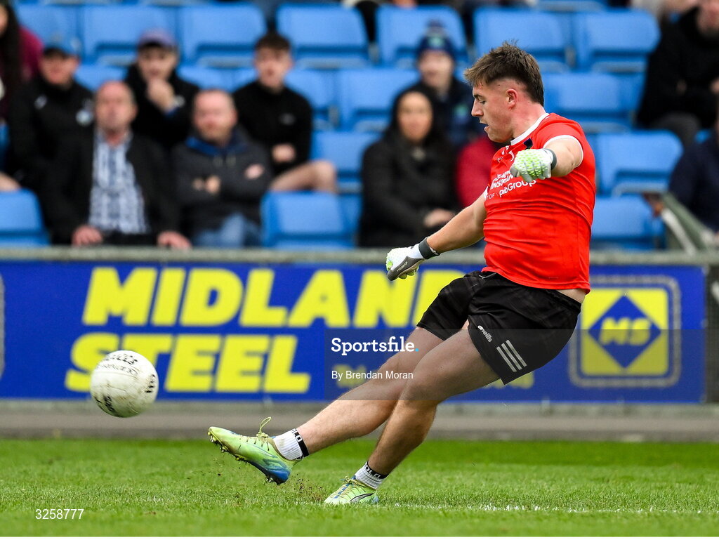 12 October 2025; Courtwood goalkeeper Matthew Byron kicks a free for a two point score during the Laois County Senior Club Football Championship final match between Courtwood and Portarlington at Laois Hire O'Moore Park in Portlaoise, Laois. Photo by Brendan Moran/Sportsfile