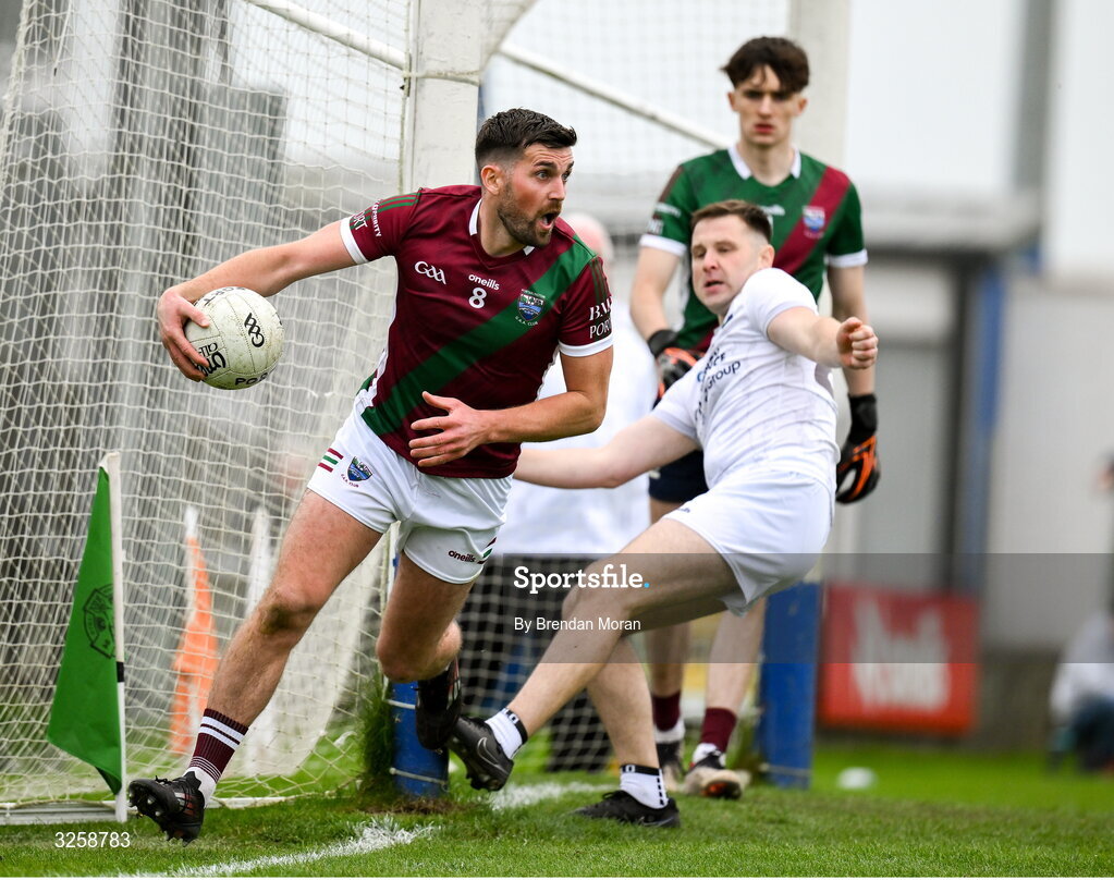 12 October 2025; Keith Bracken of Portarlington in action against Mark O’Halloran of Courtwood during the Laois County Senior Club Football Championship final match between Courtwood and Portarlington at Laois Hire O'Moore Park in Portlaoise, Laois. Photo by Brendan Moran/Sportsfile