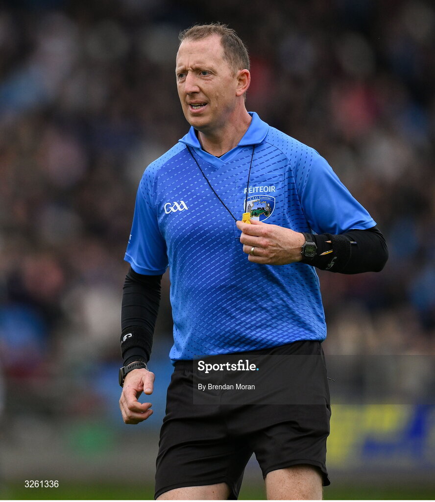12 October 2025; Referee Seamus Mulhare during the Laois County Senior Club Football Championship final match between Courtwood and Portarlington at Laois Hire O'Moore Park in Portlaoise, Laois. Photo by Brendan Moran/Sportsfile