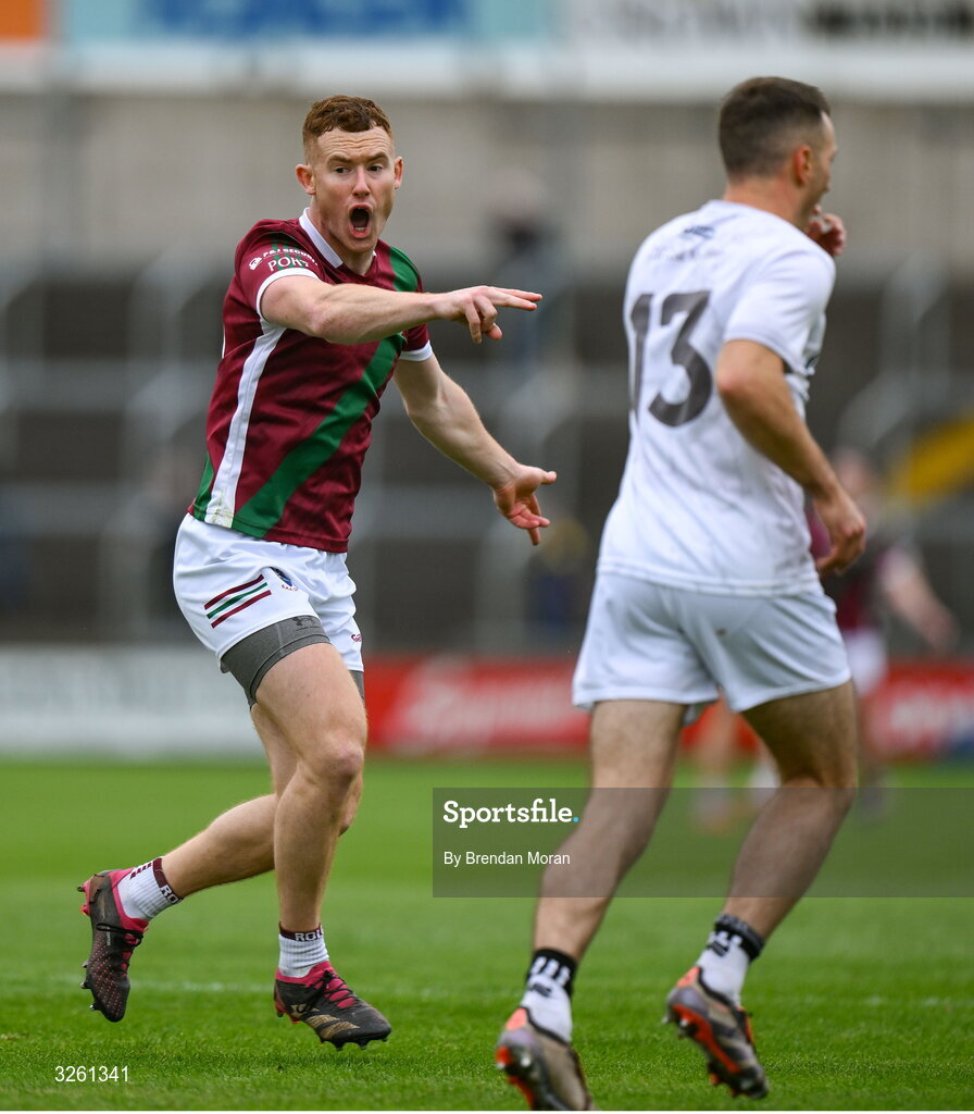 12 October 2025; Jake Foster of Portarlington appeals to the line umpire after kicking a two pointer, which was subsequently awarded, during the Laois County Senior Club Football Championship final match between Courtwood and Portarlington at Laois Hire O'Moore Park in Portlaoise, Laois. Photo by Brendan Moran/Sportsfile
