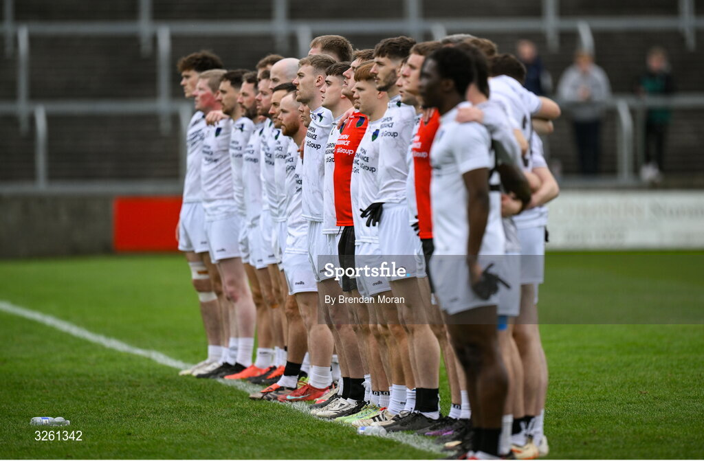 12 October 2025; The Courtwood team stand for Amhrán na bhFiann before the Laois County Senior Club Football Championship final match between Courtwood and Portarlington at Laois Hire O'Moore Park in Portlaoise, Laois. Photo by Brendan Moran/Sportsfile