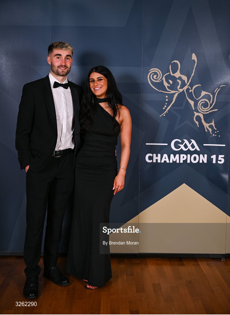 17 October 2025; Wicklow footballer Malachy Stone with Rachel Connolly upon arrival at the GAA Champion 15 Awards ceremony at Croke Park in Dublin. Photo by Brendan Moran/Sportsfile