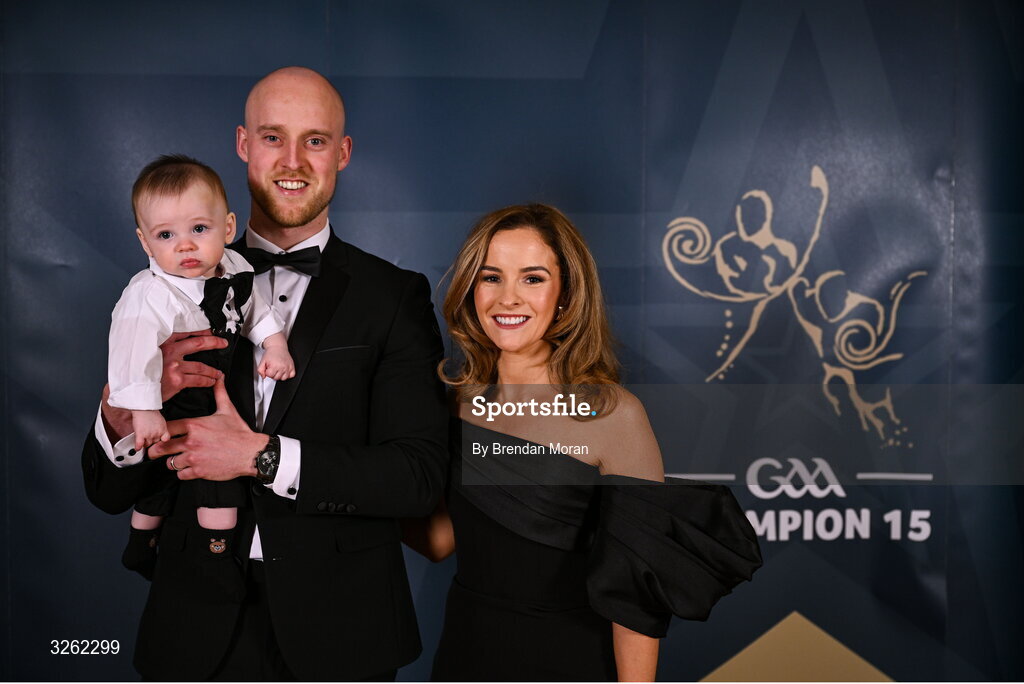 17 October 2025; Fermanagh footballer Lee Cullen and Gemma and Fionán Cullen upon arrival at the GAA Champion 15 Awards ceremony at Croke Park in Dublin. Photo by Brendan Moran/Sportsfile