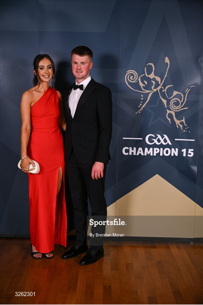 17 October 2025; Laois hurler Cathal Dunne with Aisling Henderson  upon arrival at the GAA Champion 15 Awards ceremony at Croke Park in Dublin. Photo by Brendan Moran/Sportsfile