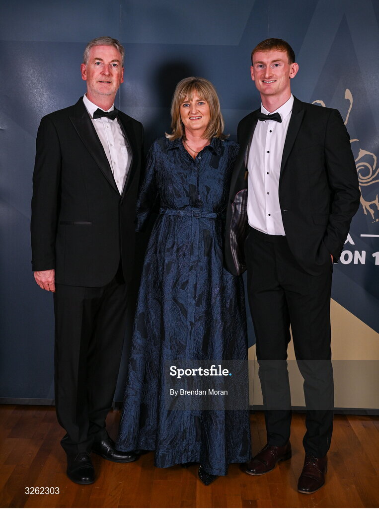 17 October 2025; Kildare hurler James Burke with John and Agnes Burke upon arrival at the GAA Champion 15 Awards ceremony at Croke Park in Dublin. Photo by Brendan Moran/Sportsfile