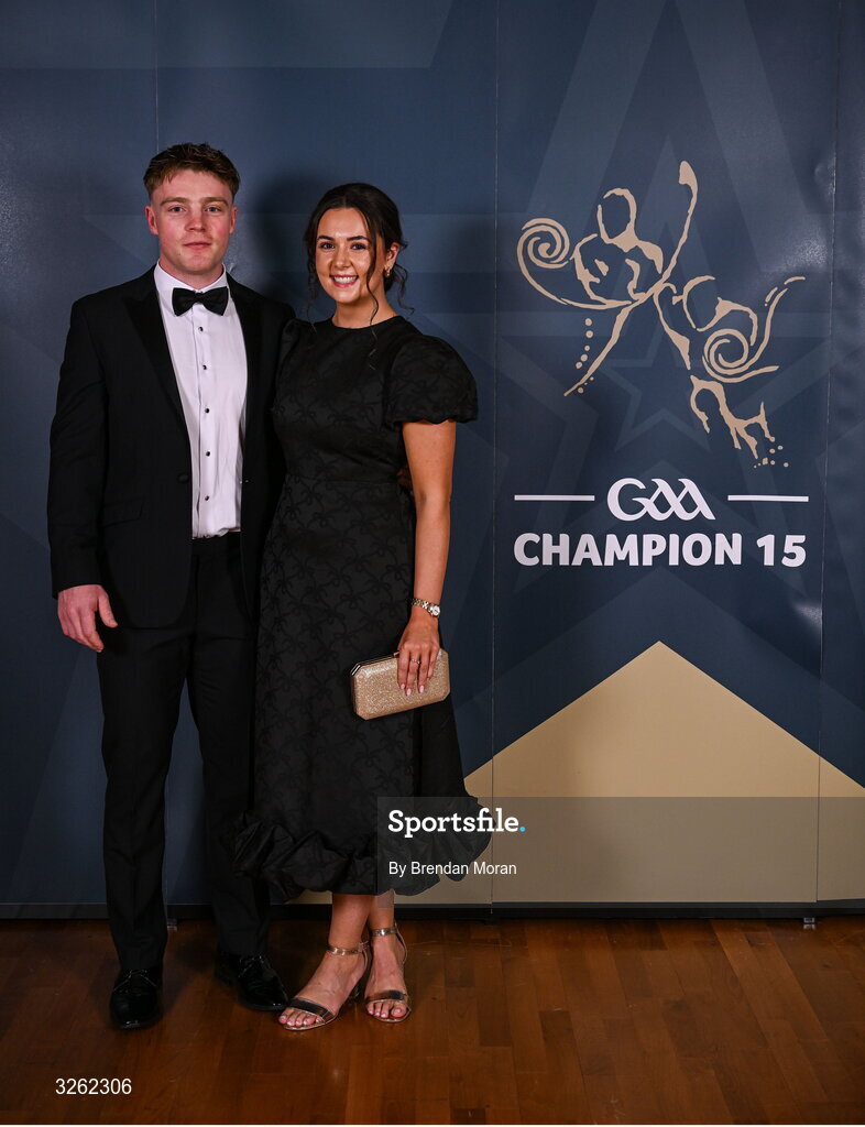 17 October 2025; Kildare hurler Simon Leacy with Lily O'Flaherty upon arrival at the GAA Champion 15 Awards ceremony at Croke Park in Dublin. Photo by Brendan Moran/Sportsfile