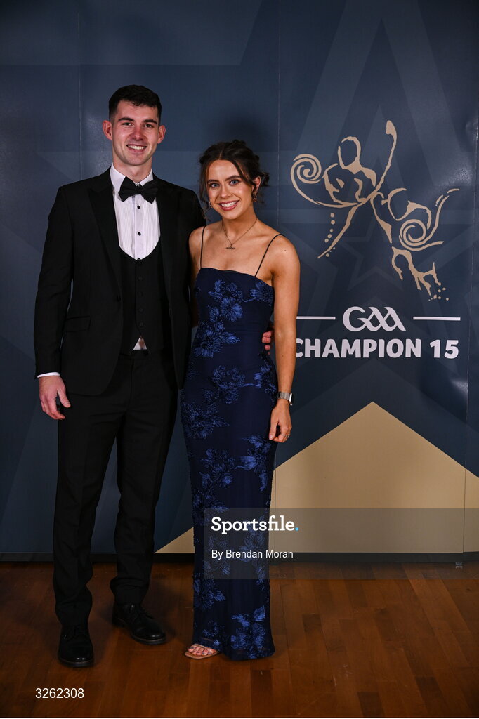 17 October 2025; Westmeath footballer Sam McCartan with Aoife O'Malley upon arrival at the GAA Champion 15 Awards ceremony at Croke Park in Dublin. Photo by Brendan Moran/Sportsfile