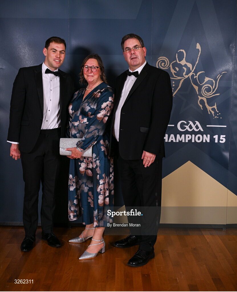 17 October 2025; Kildare hurler Cathal McCabe with Hillary and Padraig McCabe upon arrival at the GAA Champion 15 Awards ceremony at Croke Park in Dublin. Photo by Brendan Moran/Sportsfile