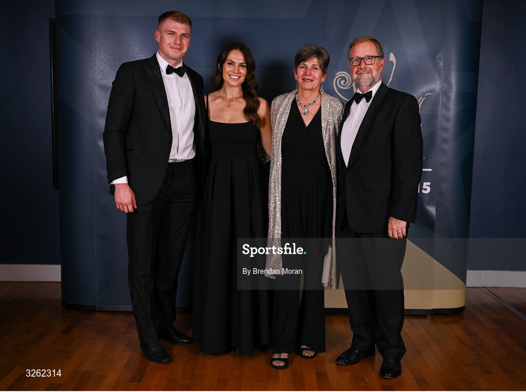 17 October 2025; Wicklow hurler Pádraig Doyle with Juliette O'Flynn, Catherine Breathnach and Niall Doyle upon arrival at the GAA Champion 15 Awards ceremony at Croke Park in Dublin. Photo by Brendan Moran/Sportsfile