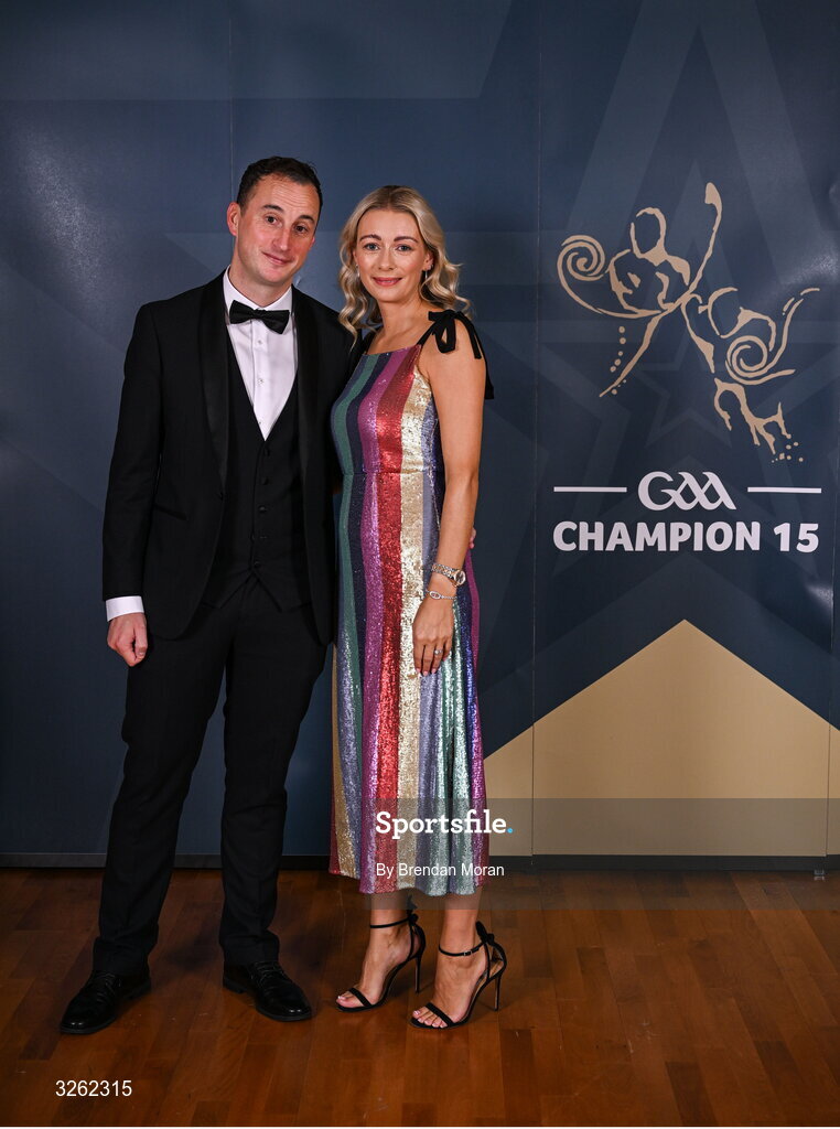 17 October 2025; Neil and Laura Rogers upon arrival at the GAA Champion 15 Awards ceremony at Croke Park in Dublin. Photo by Brendan Moran/Sportsfile