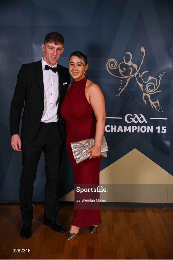 17 October 2025; Kildare hurler Jack Sheridan with Katie Fitzsimons upon arrival at the GAA Champion 15 Awards ceremony at Croke Park in Dublin. Photo by Brendan Moran/Sportsfile