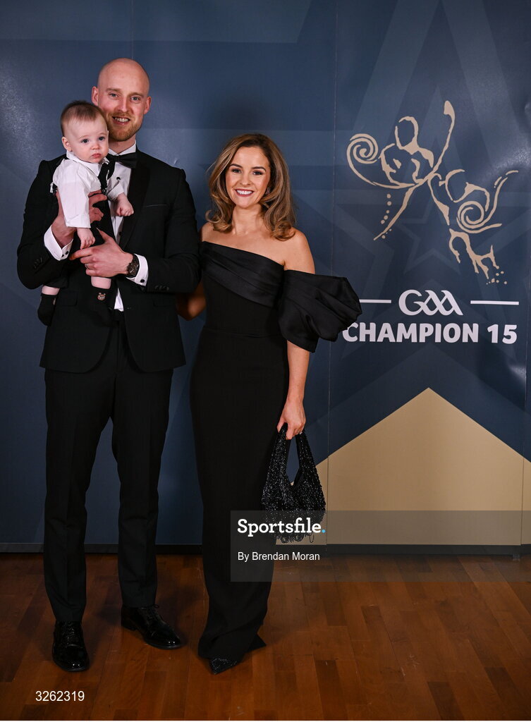17 October 2025; Fermanagh footballer Lee Cullen and Gemma and Fionán Cullen upon arrival at the GAA Champion 15 Awards ceremony at Croke Park in Dublin. Photo by Brendan Moran/Sportsfile