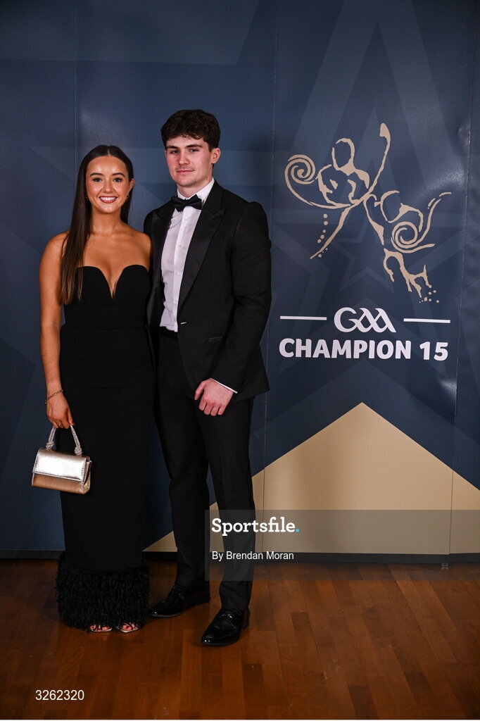 17 October 2025; Derry hurler Eamon Conway with Niamh Boyle upon arrival at the GAA Champion 15 Awards ceremony at Croke Park in Dublin. Photo by Brendan Moran/Sportsfile