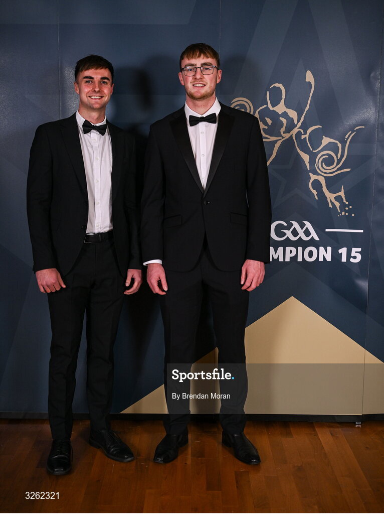 17 October 2025; Sean and Danny Nolan upon arrival at the GAA Champion 15 Awards ceremony at Croke Park in Dublin. Photo by Brendan Moran/Sportsfile