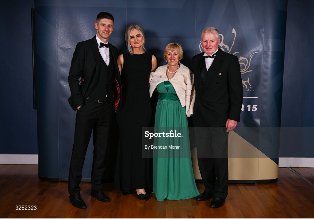 17 October 2025; Limerick footballer Danny Neville with Katie Foley and Mary and John Neville upon arrival at the GAA Champion 15 Awards ceremony at Croke Park in Dublin. Photo by Brendan Moran/Sportsfile