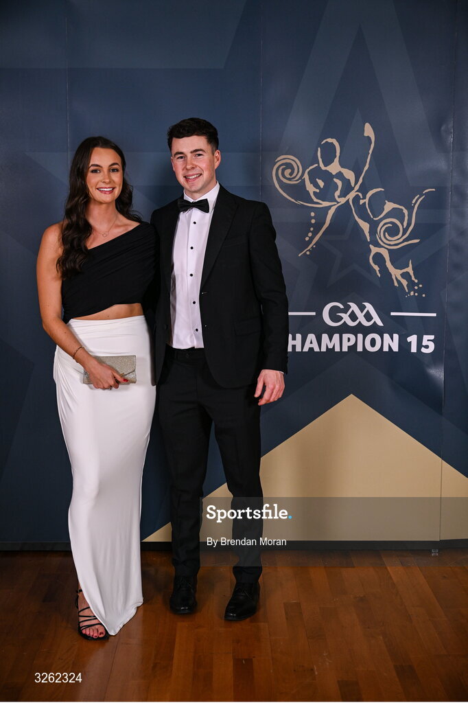 17 October 2025; Mayo hurler Liam Lavin with Kate Delaney upon arrival at the GAA Champion 15 Awards ceremony at Croke Park in Dublin. Photo by Brendan Moran/Sportsfile