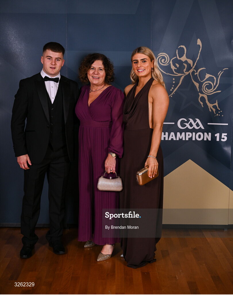 17 October 2025; Laois hurler Tomás Keyes with Kathleen and Lynda Keyes upon arrival at the GAA Champion 15 Awards ceremony at Croke Park in Dublin. Photo by Brendan Moran/Sportsfile