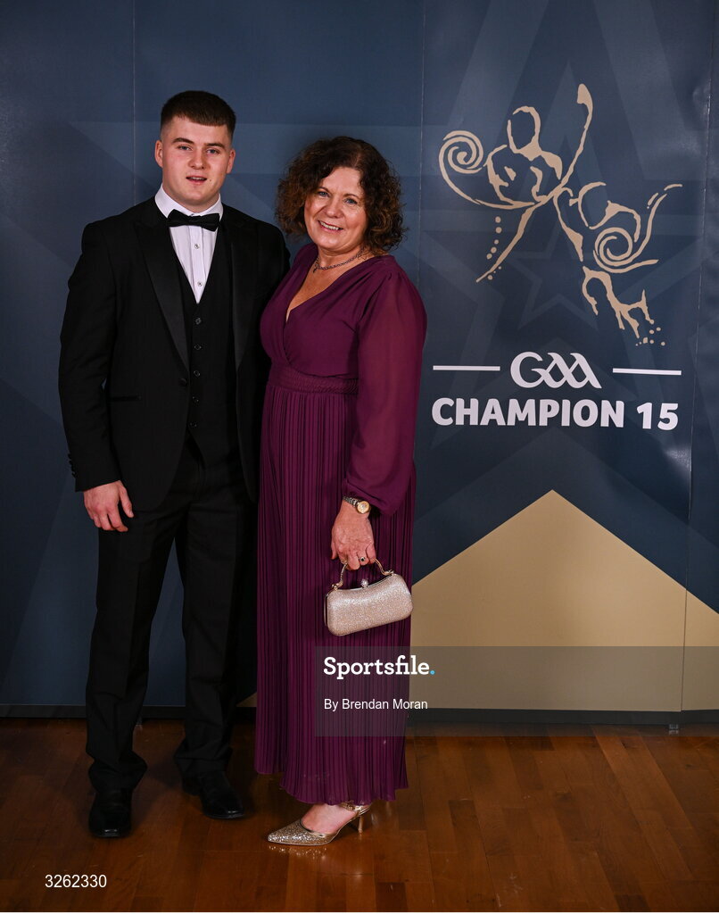 17 October 2025; Laois hurler Tomás Keyes with his mother Kathleen upon arrival at the GAA Champion 15 Awards ceremony at Croke Park in Dublin. Photo by Brendan Moran/Sportsfile