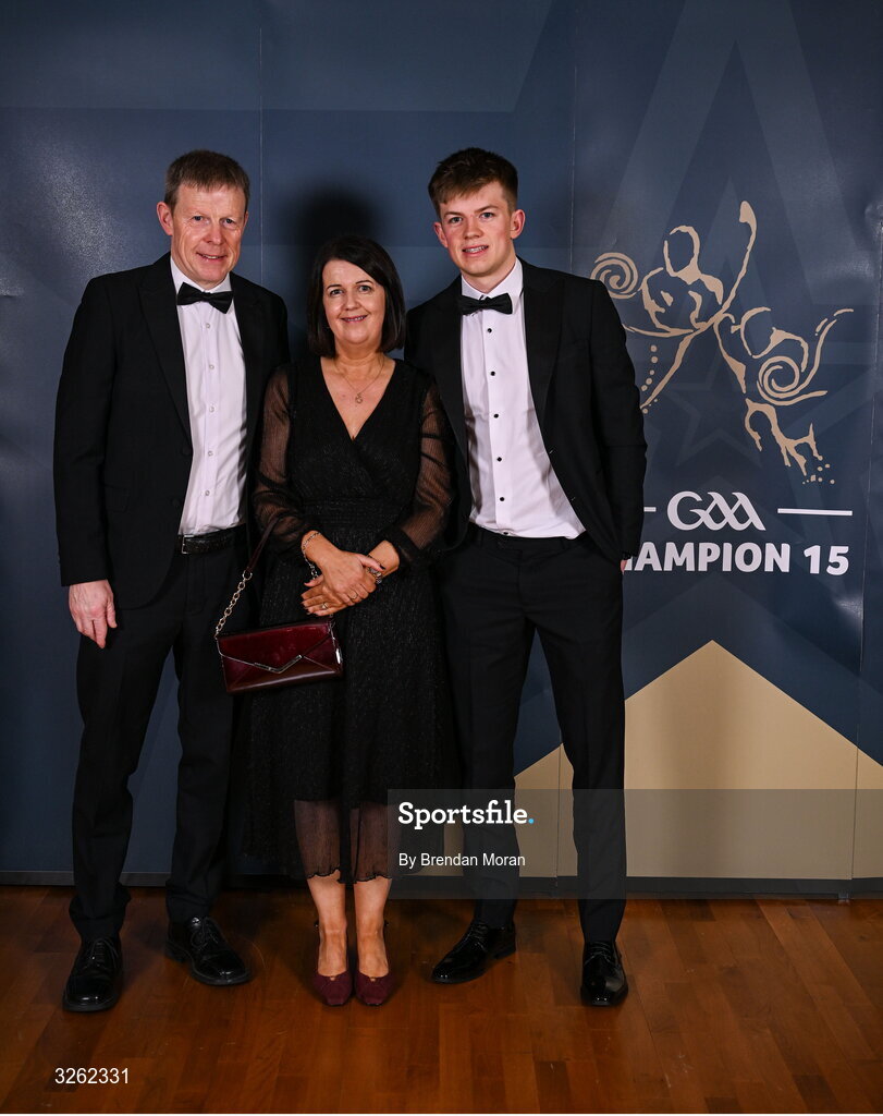 17 October 2025; Ger Greally, Ann Greally and Mayo hurler Oisín Greally upon arrival at the GAA Champion 15 Awards ceremony at Croke Park in Dublin. Photo by Brendan Moran/Sportsfile