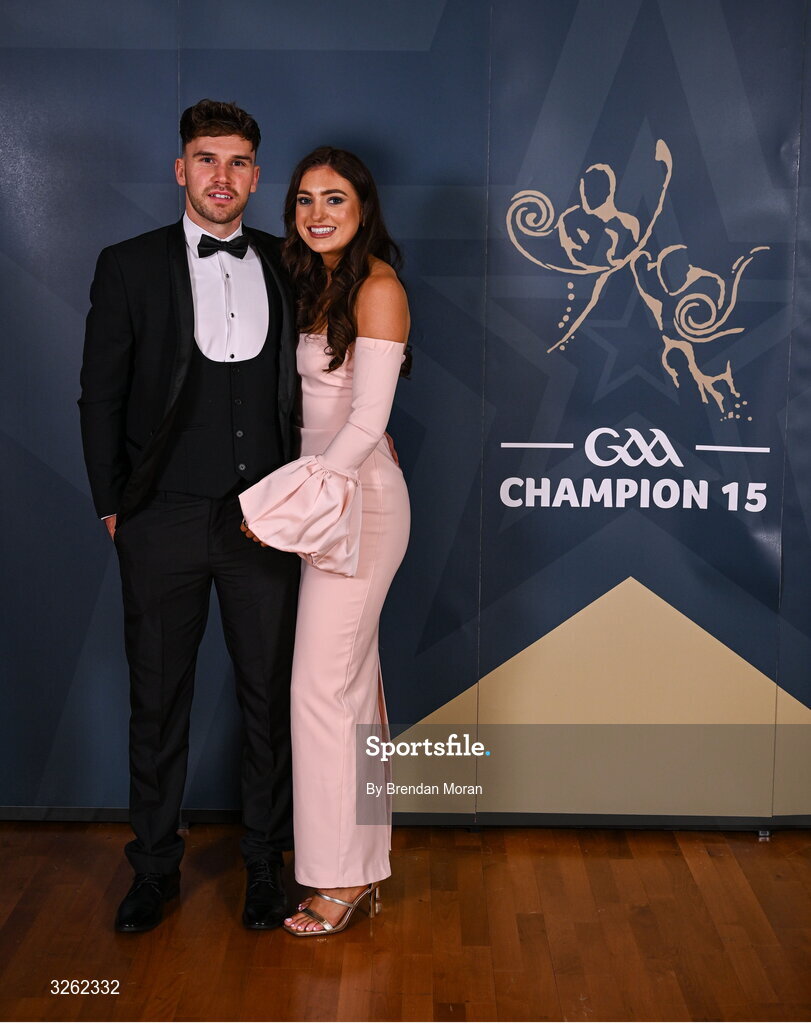 17 October 2025; Carlow hurler Chris Nolan with Laura Murphy upon arrival at the GAA Champion 15 Awards ceremony at Croke Park in Dublin. Photo by Brendan Moran/Sportsfile